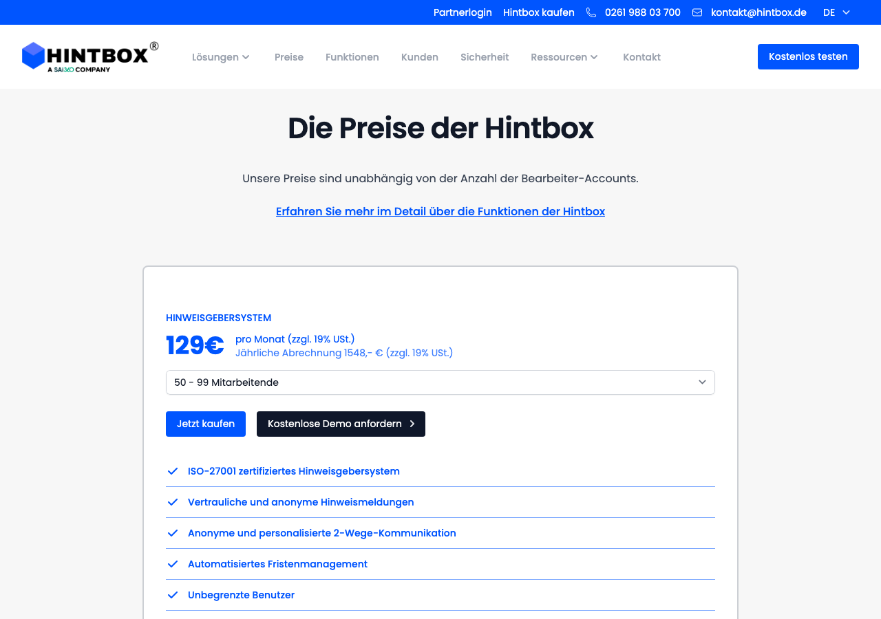 Hintbox pricing selector with the 50–99 employee band and EUR 129 monthly equivalent