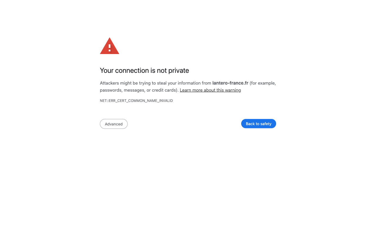 Browser privacy warning for lantero-france.fr showing NET::ERR_CERT_COMMON_NAME_INVALID