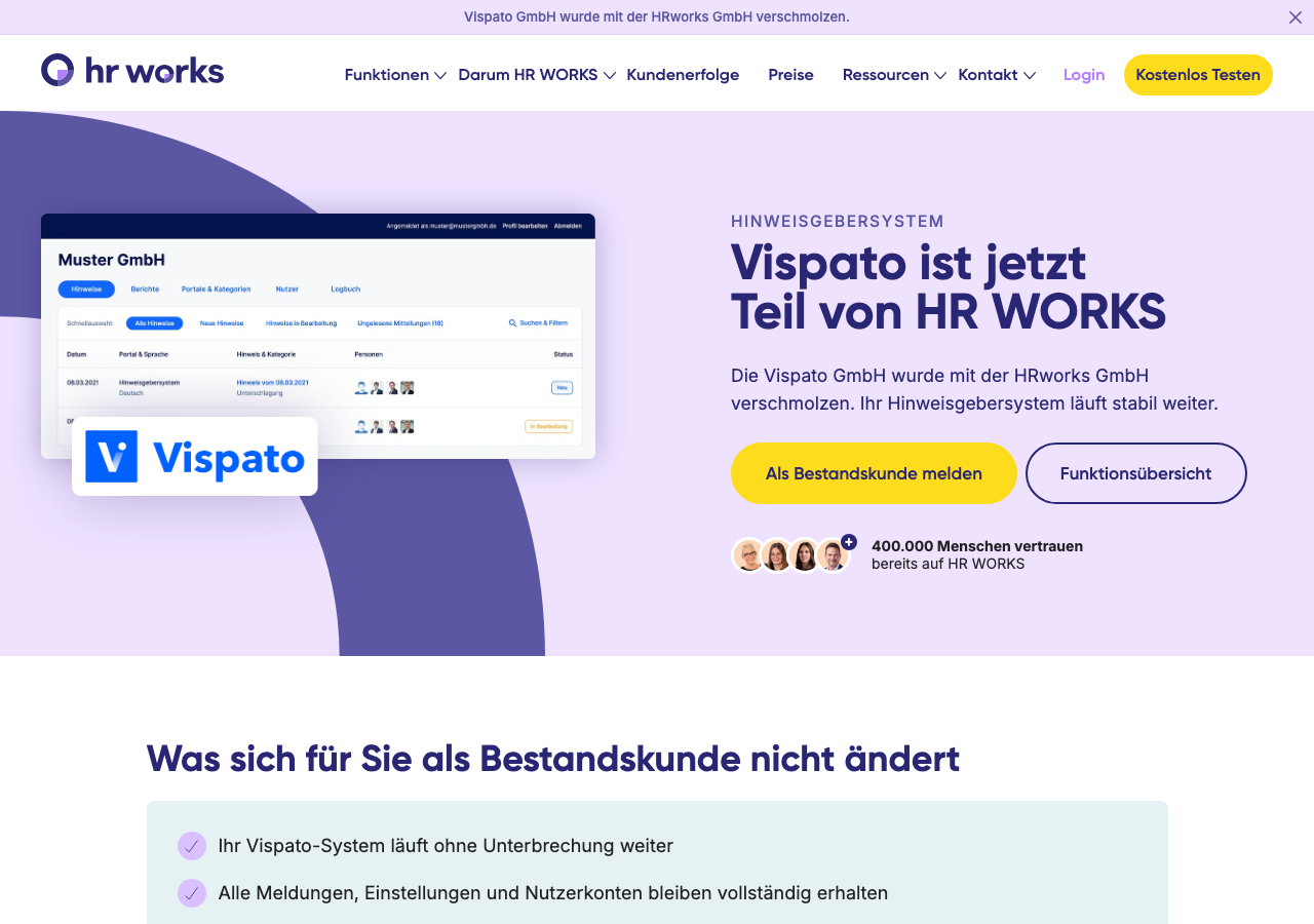 HRworks page identifying Vispato as part of HRworks