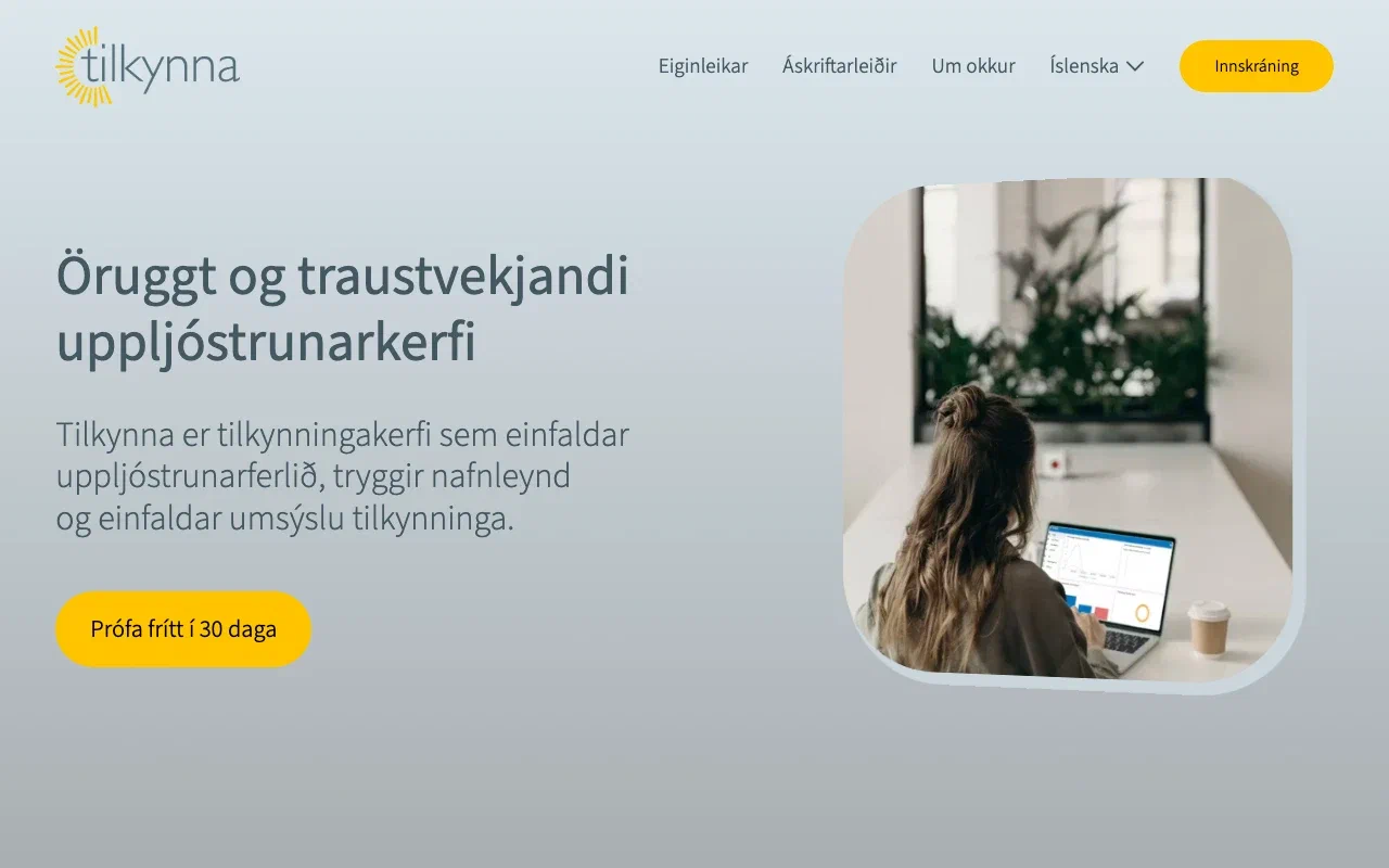 Tilkynna homepage screenshot
