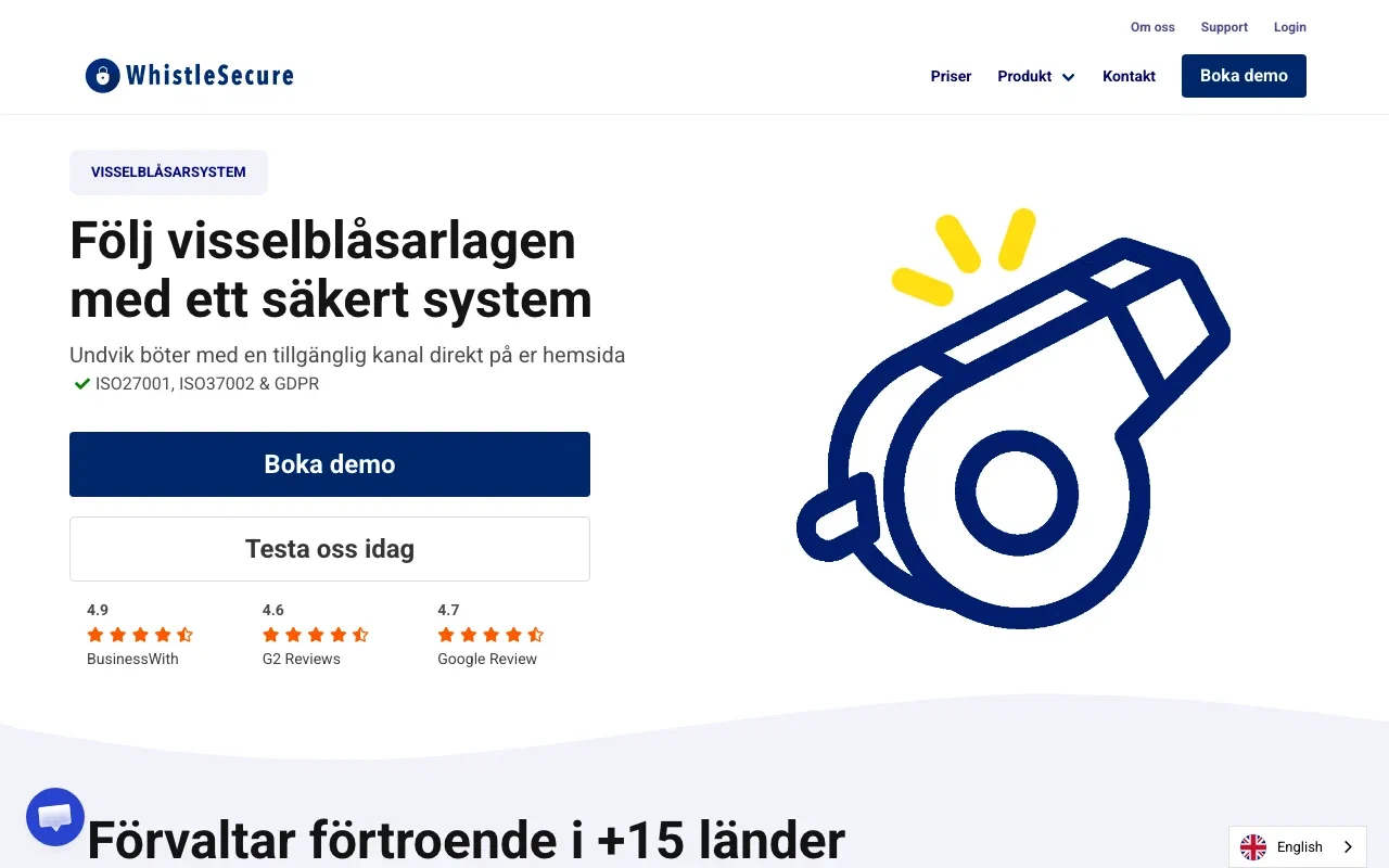 WhistleSecure homepage screenshot